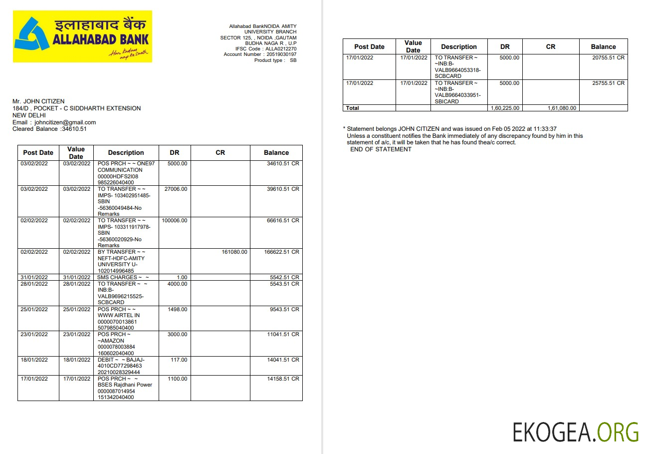 Inde Allahabad Bank relevé 2 pages